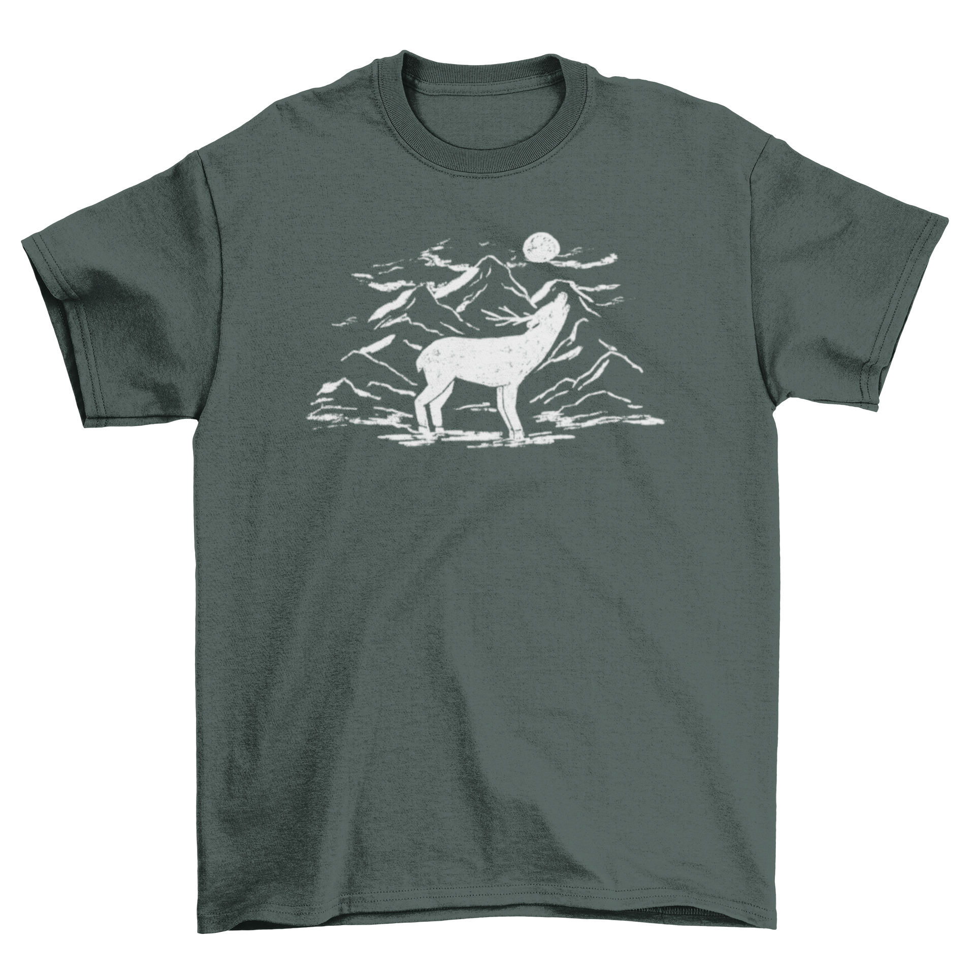 A stylish t-shirt featuring a deer howling at the moon, showcasing a unique and artistic design.