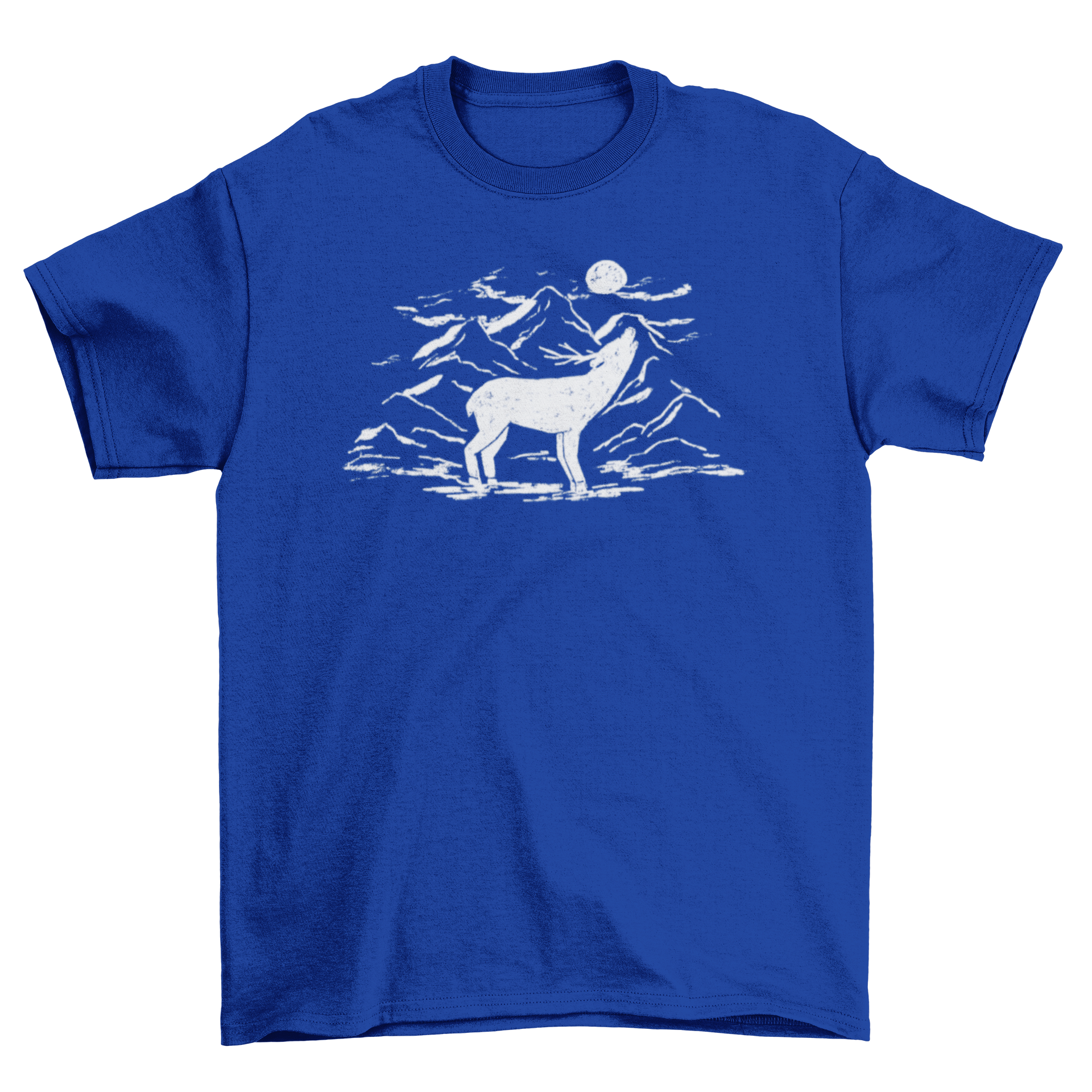 A stylish t-shirt featuring a deer howling at the moon, showcasing a unique and artistic design.