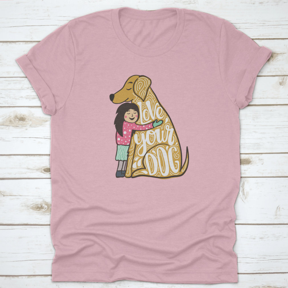 A young girl hugging a golden retriever, showcasing love and joy, perfect for dog lovers.