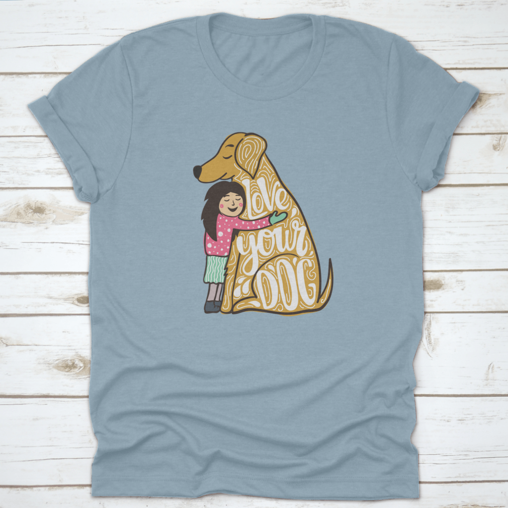A young girl hugging a golden retriever, showcasing love and joy, perfect for dog lovers.