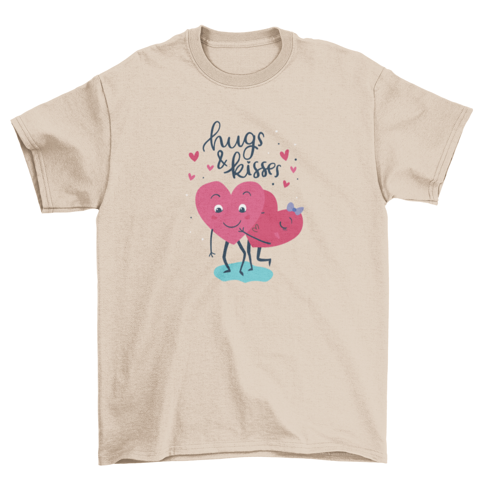 Cute Hugs & Kisses T-shirt design featuring two cuddling hearts and a romantic caption.