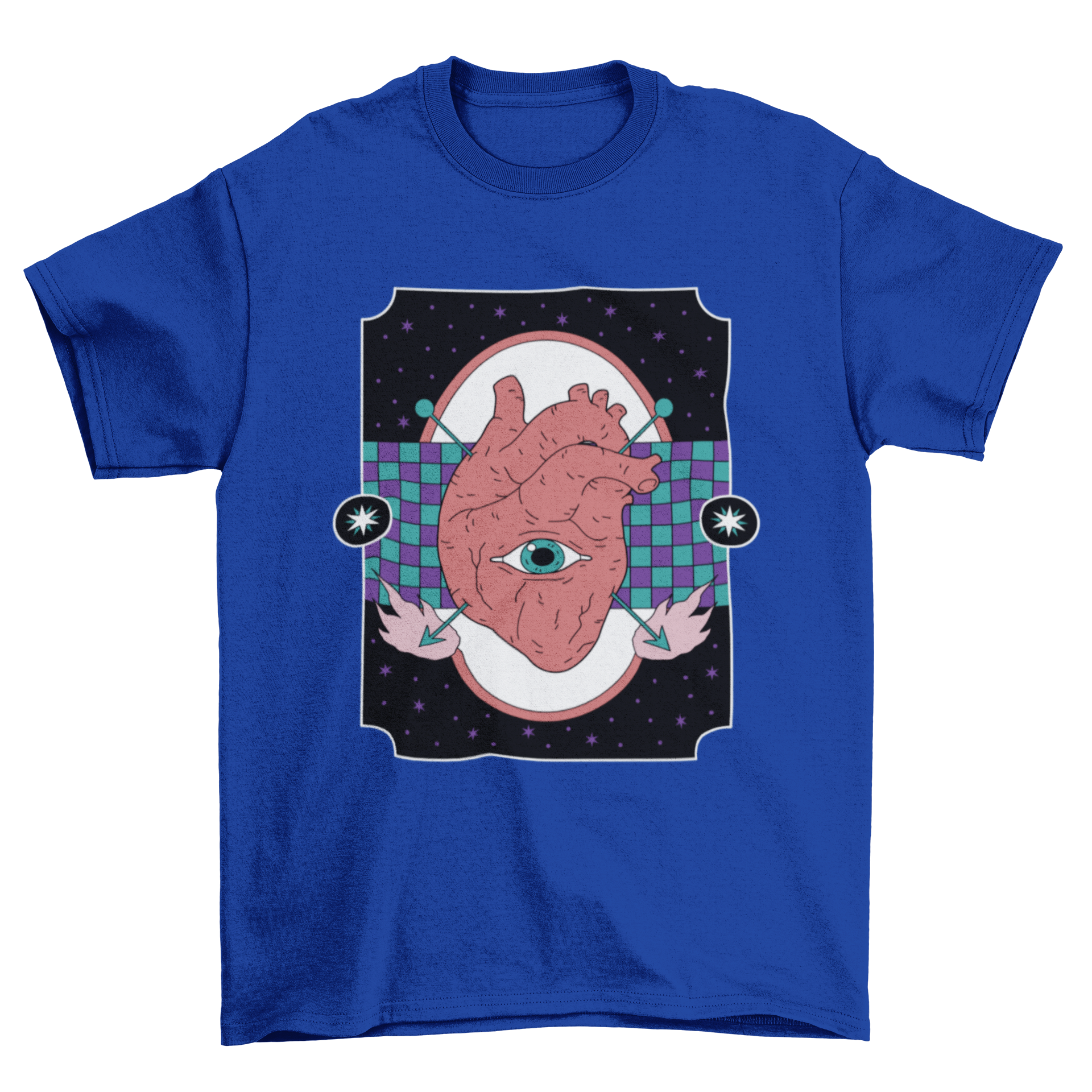 A stylish t-shirt featuring a human heart design with arrows and an eye, showcasing a unique artistic expression.