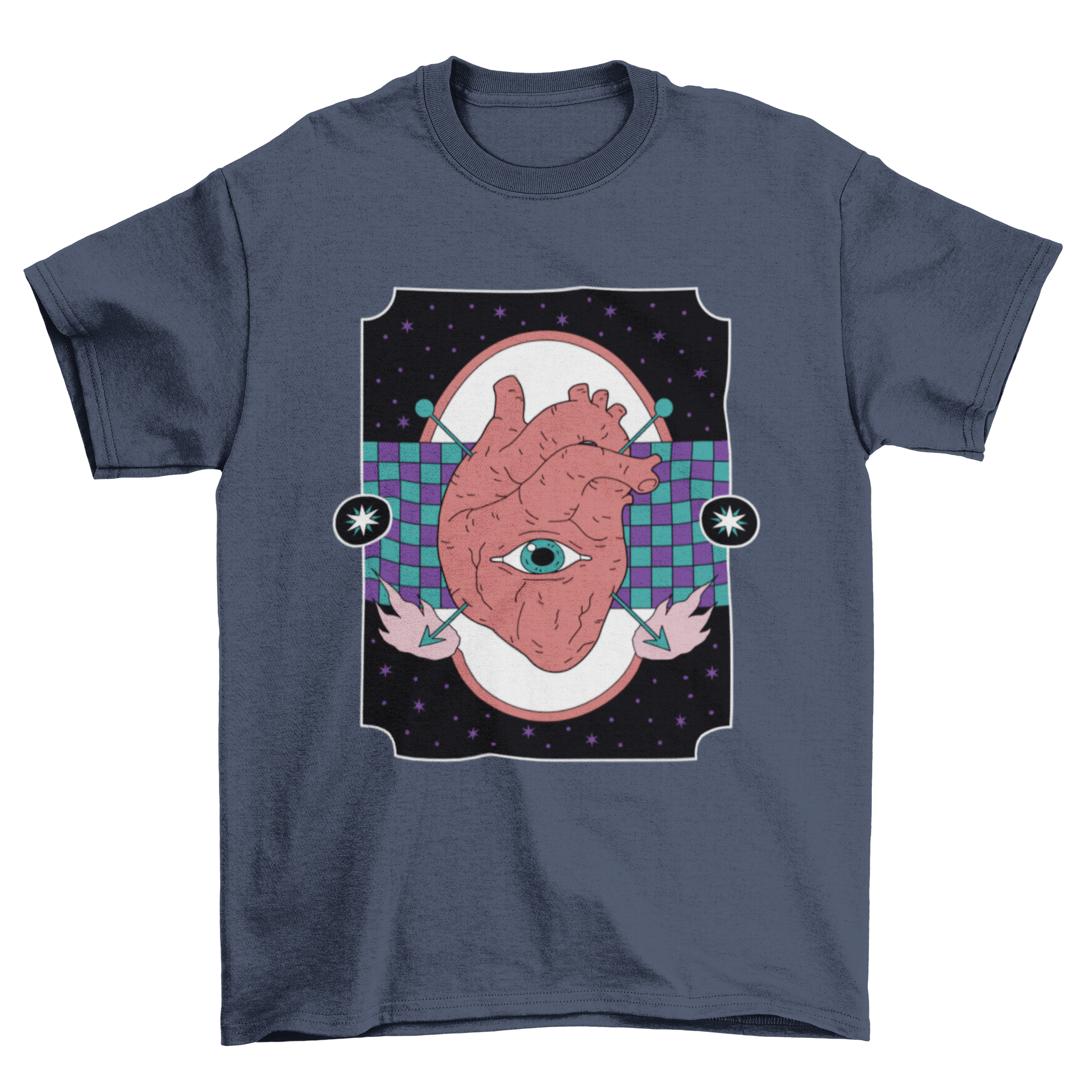 A stylish t-shirt featuring a human heart design with arrows and an eye, showcasing a unique artistic expression.