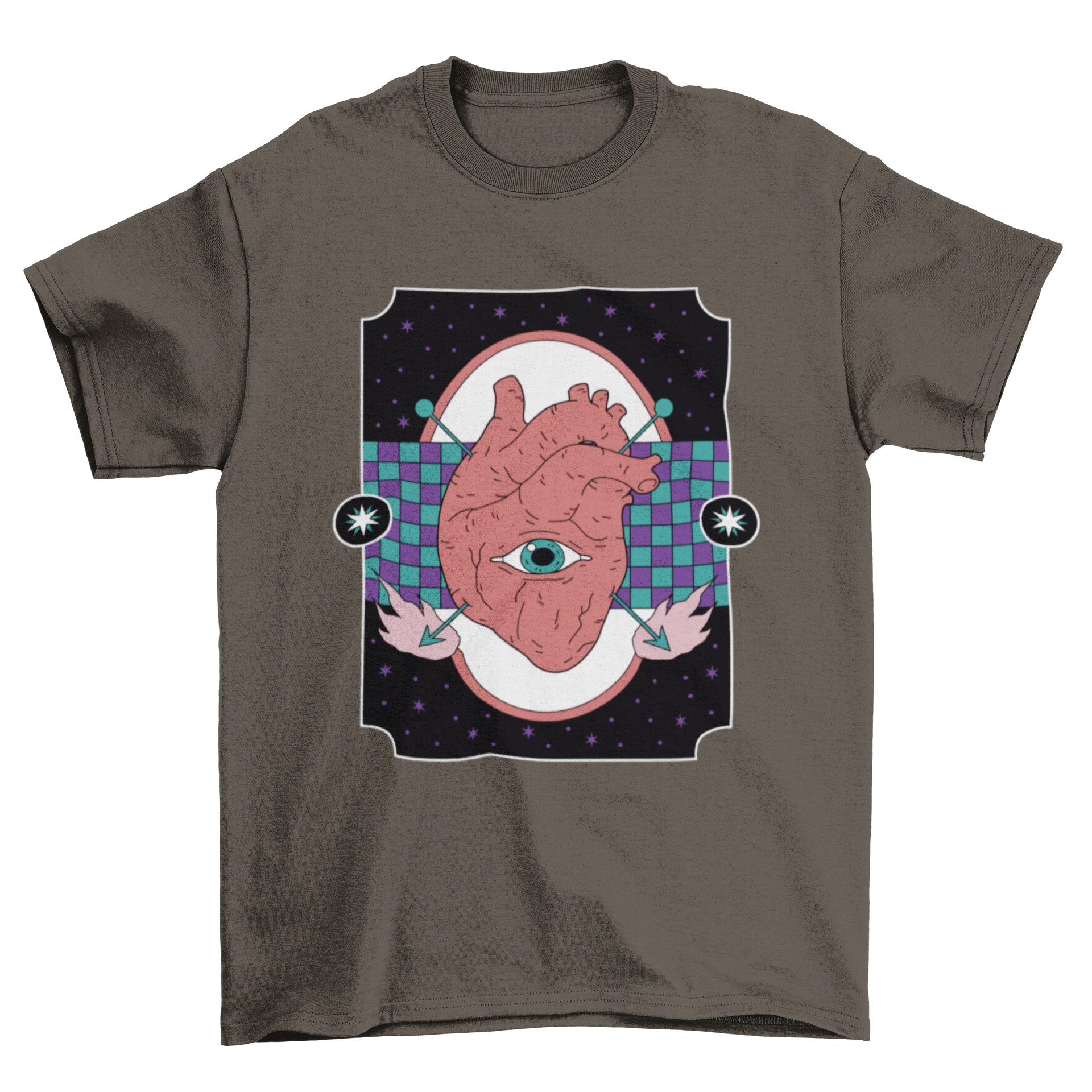 A stylish t-shirt featuring a human heart design with arrows and an eye, showcasing a unique artistic expression.