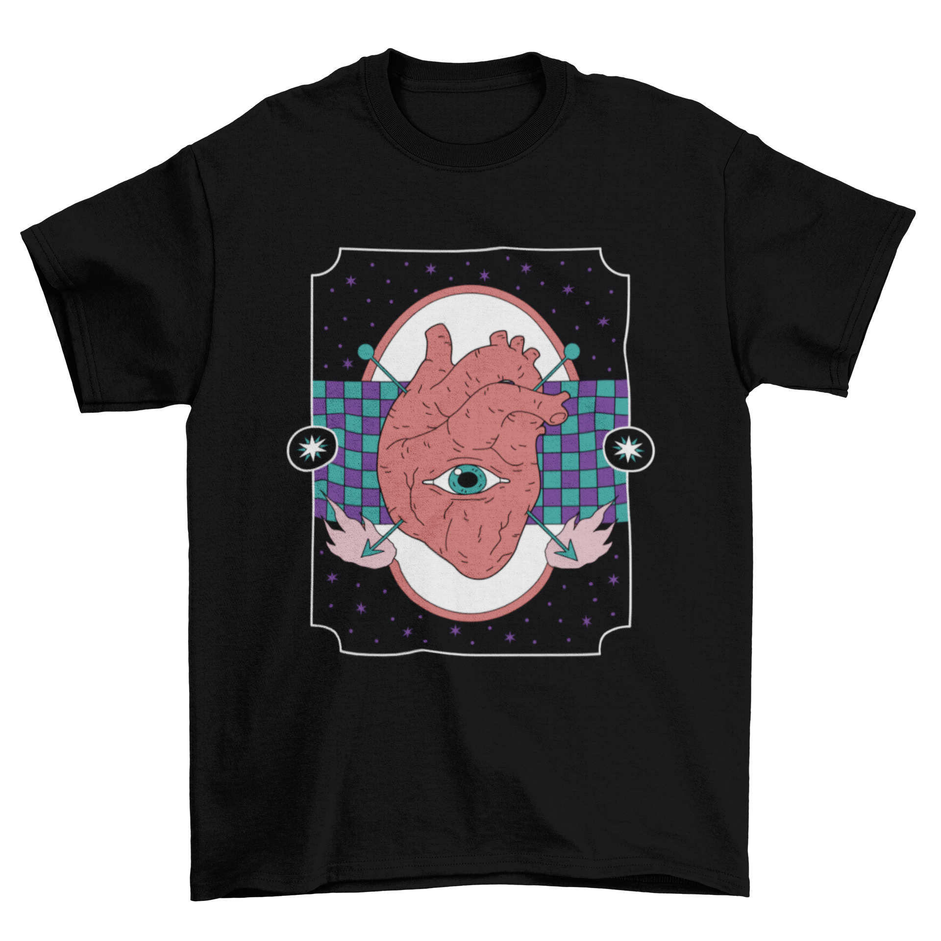 A stylish t-shirt featuring a human heart design with arrows and an eye, showcasing a unique artistic expression.