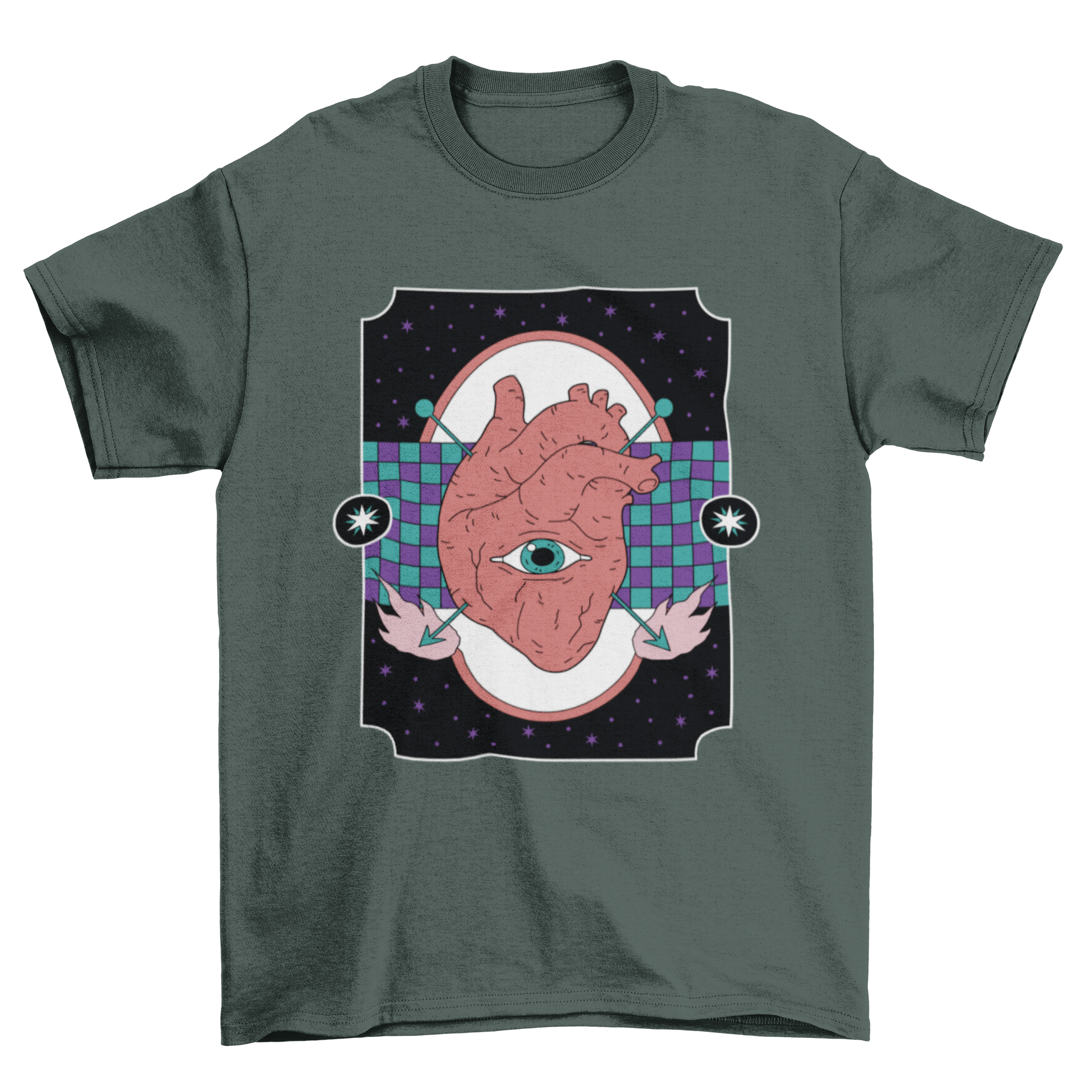 A stylish t-shirt featuring a human heart design with arrows and an eye, showcasing a unique artistic expression.