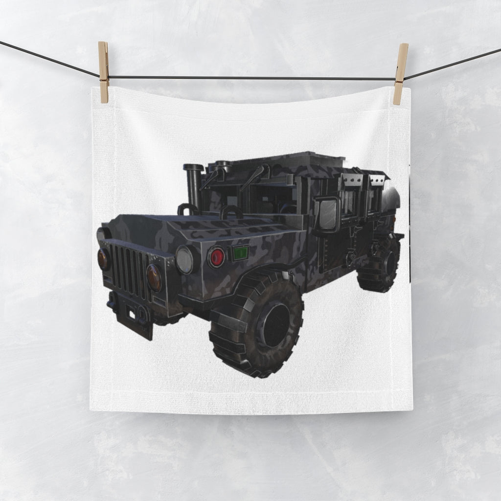 Hummer Vee Vehicle Face Towel featuring a customizable polyester front and soft cotton back, ideal for personal designs.
