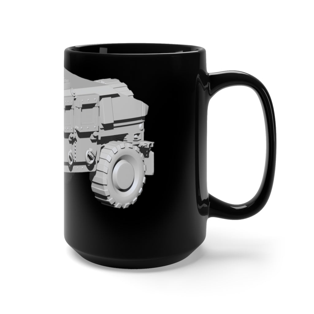 A stylish 15oz black ceramic mug featuring a sleek design, perfect for coffee and tea lovers, with a comfortable C-handle.