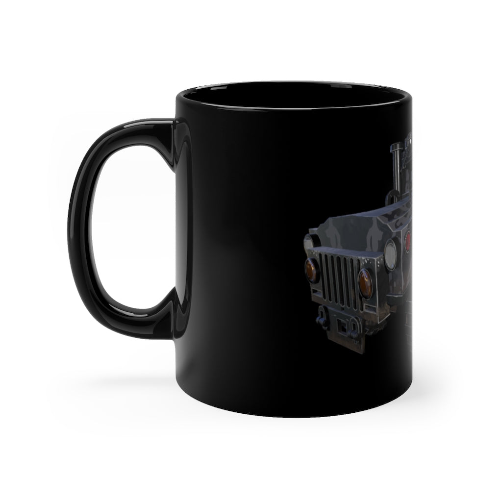 Hummer Vehicle Black mug, 11oz capacity, featuring a sleek black ceramic design with rounded corners and a comfortable C-handle.