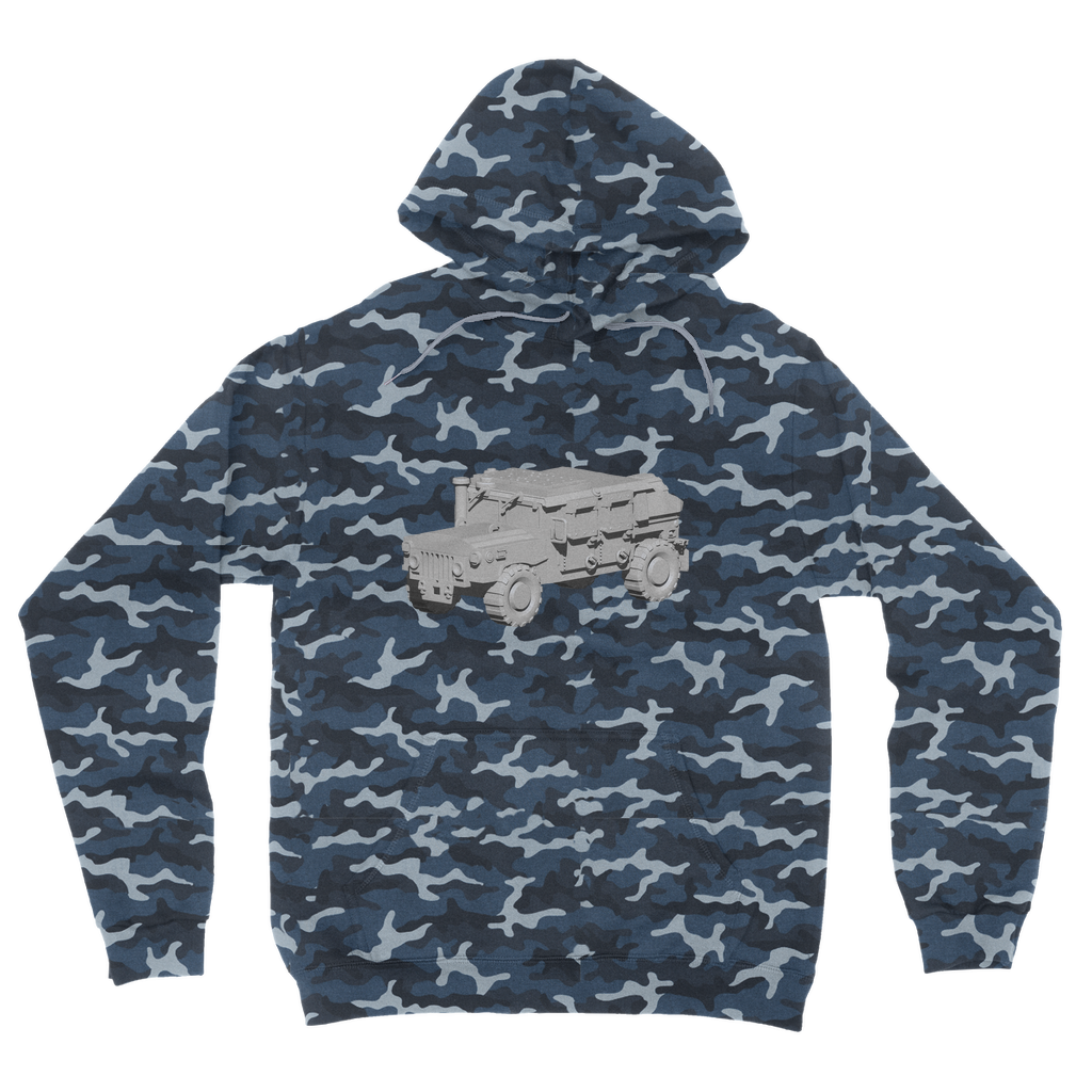 Hummer Vehicle Camouflage Adult Hoodie featuring a classic camo print, double fabric hood, and kangaroo pouch pocket.