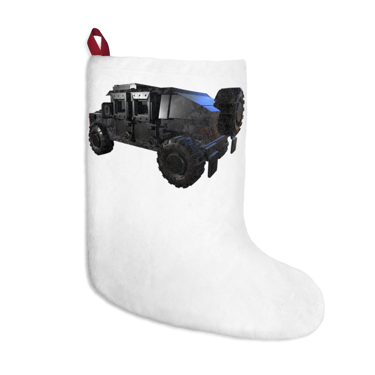 Personalized Hummer Vehicle Christmas Stockings hanging by a fireplace, showcasing festive designs and a twill ribbon loop.