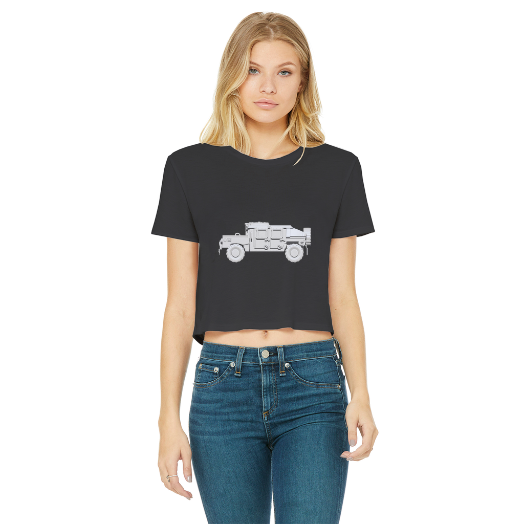 Hummer Vehicle Classic Women's Cropped Raw Edge T-Shirt featuring a round neck and raw edge hem in a stylish cropped design.