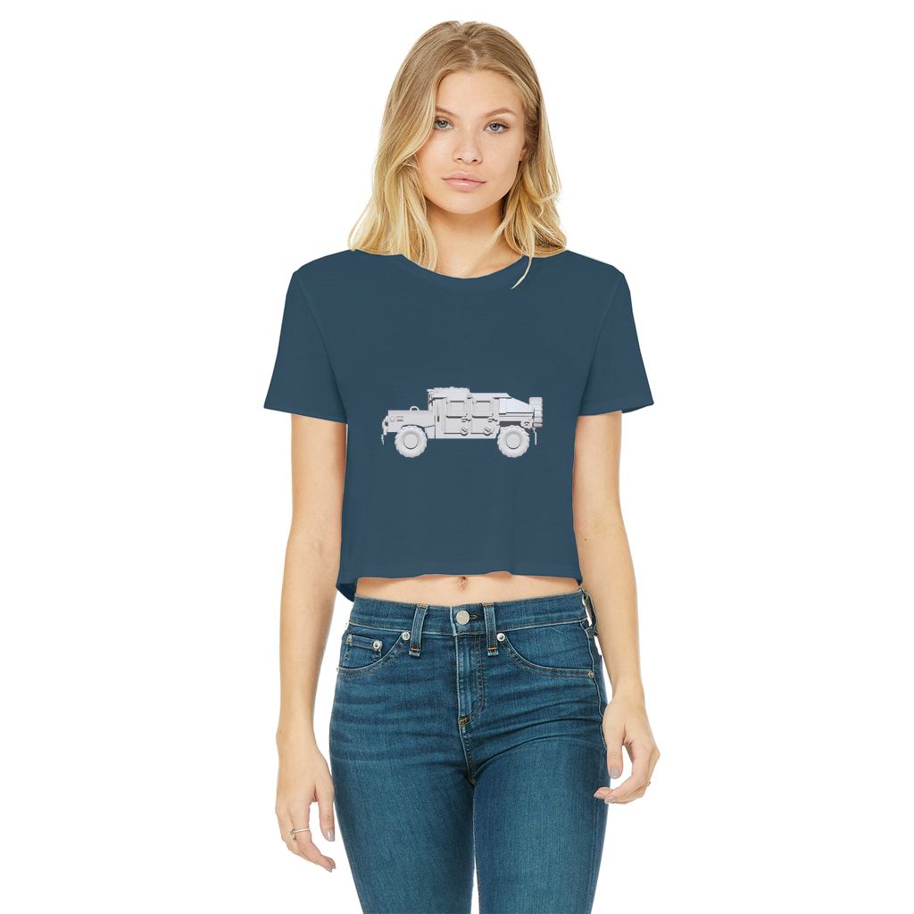 Hummer Vehicle Classic Women's Cropped Raw Edge T-Shirt featuring a round neck and raw edge hem in a stylish cropped design.