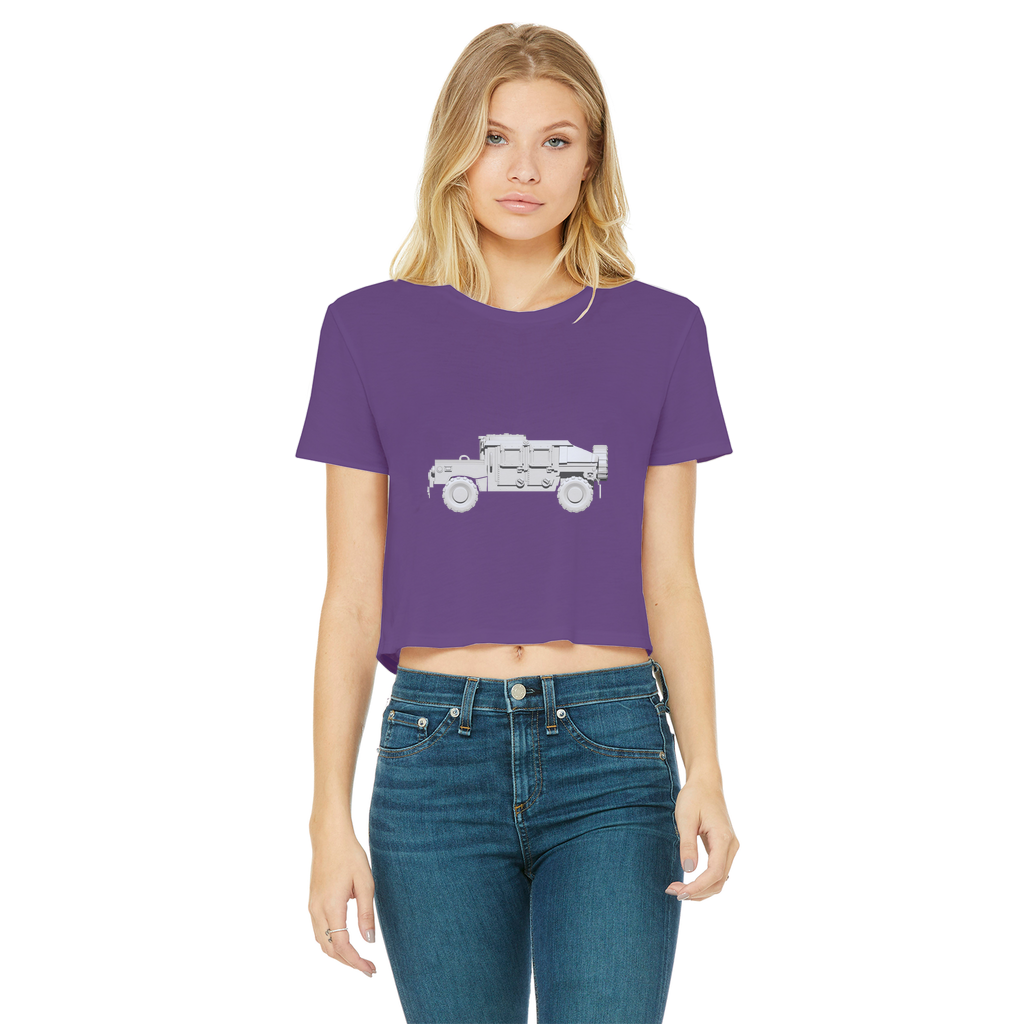 Hummer Vehicle Classic Women's Cropped Raw Edge T-Shirt featuring a round neck and raw edge hem in a stylish cropped design.