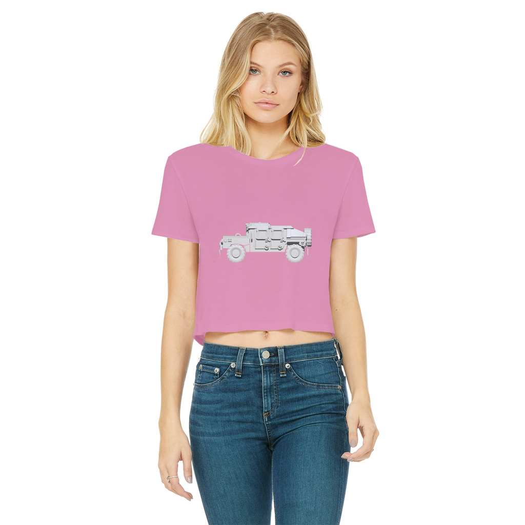 Hummer Vehicle Classic Women's Cropped Raw Edge T-Shirt featuring a round neck and raw edge hem in a stylish cropped design.