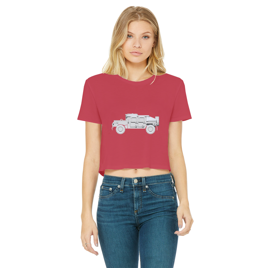 Hummer Vehicle Classic Women's Cropped Raw Edge T-Shirt featuring a round neck and raw edge hem in a stylish cropped design.