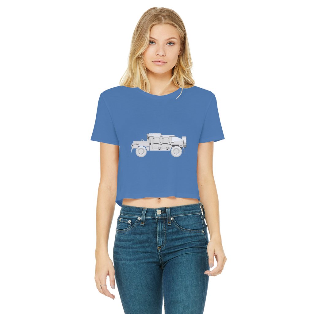 Hummer Vehicle Classic Women's Cropped Raw Edge T-Shirt featuring a round neck and raw edge hem in a stylish cropped design.