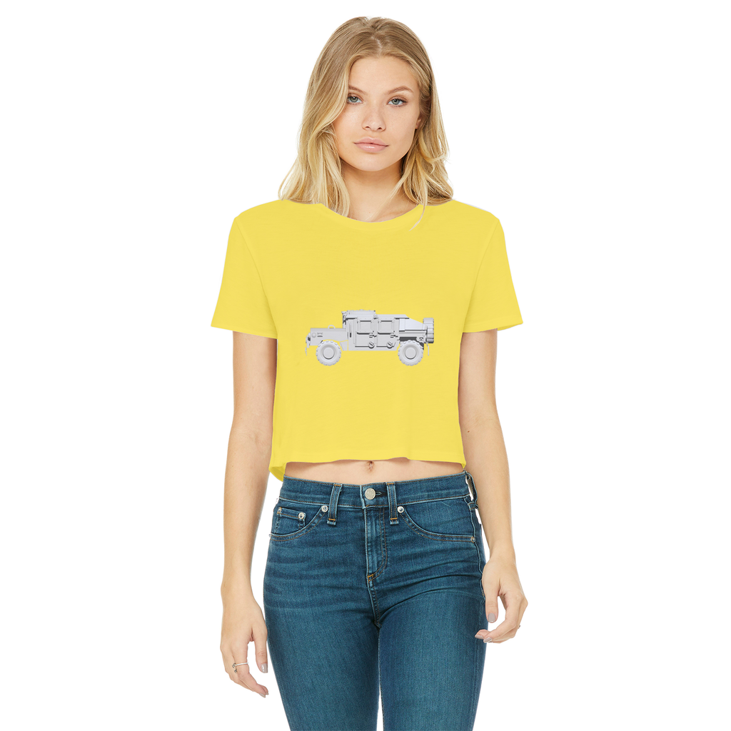 Hummer Vehicle Classic Women's Cropped Raw Edge T-Shirt featuring a round neck and raw edge hem in a stylish cropped design.