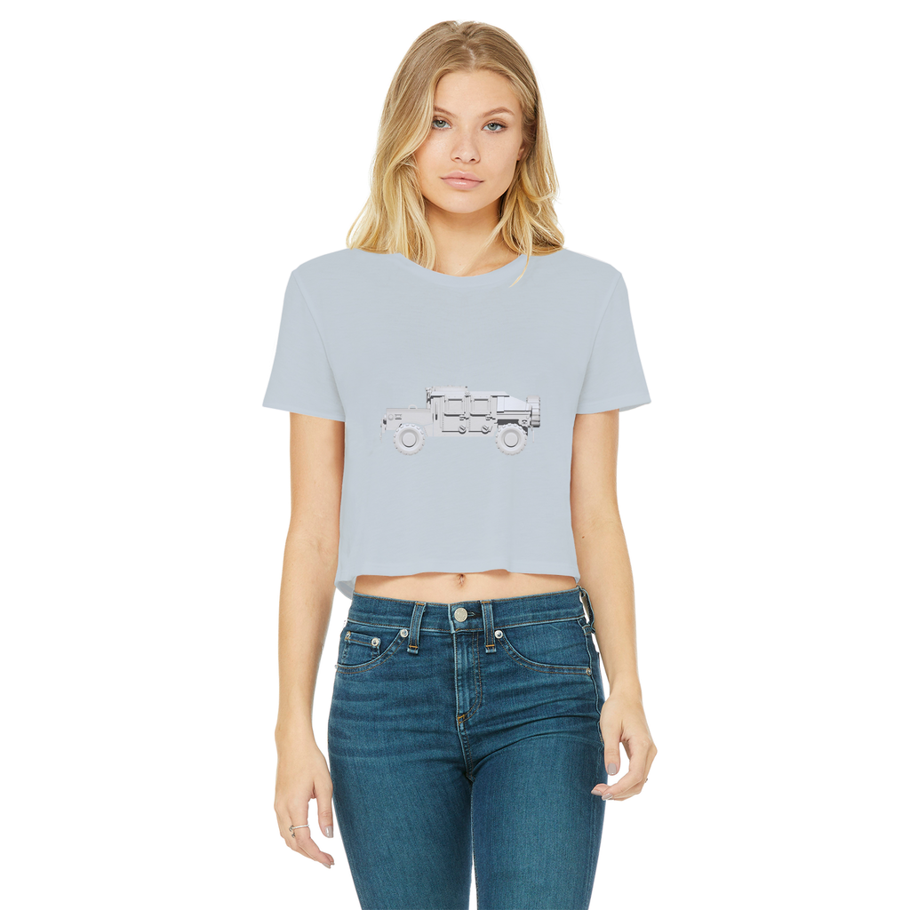 Hummer Vehicle Classic Women's Cropped Raw Edge T-Shirt featuring a round neck and raw edge hem in a stylish cropped design.