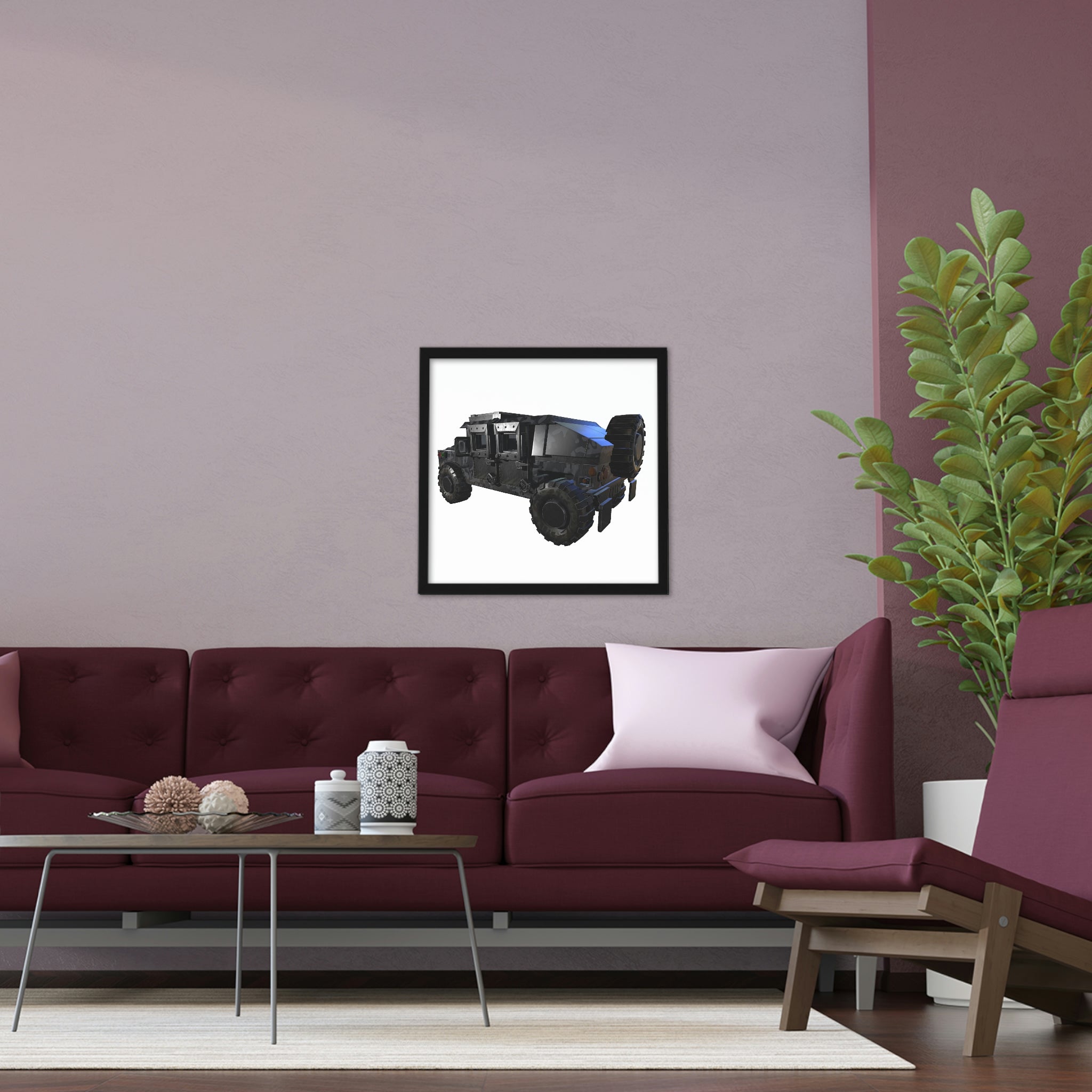 A beautifully framed Hummer Vehicle poster showcasing vibrant colors and a handcrafted wooden frame, ready for hanging.