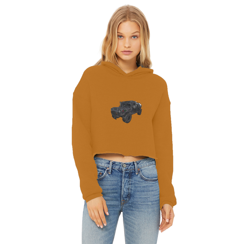 Hummer Vehicle Ladies Cropped Raw Edge Hoodie in various colors with raw edge hem and double fabric hood.