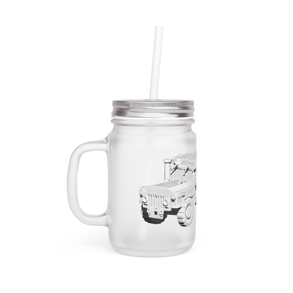A stylish Hummer Vehicle Mason Jar made of frosted glass, featuring a straw and lid, perfect for personalized drinks.