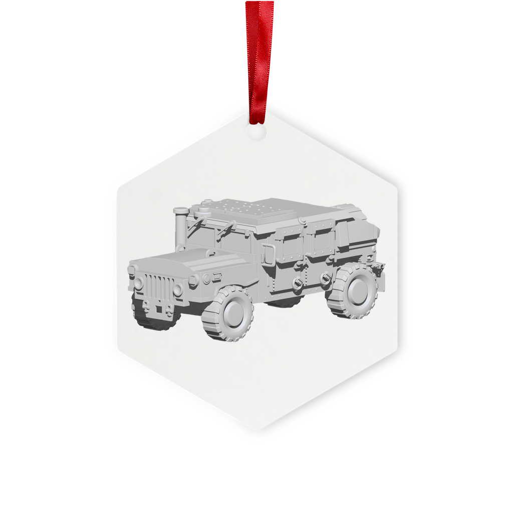 Hummer Vehicle Metal Hanging Ornament in hexagon and star shapes, glossy white finish, with red ribbon and gold string for hanging.