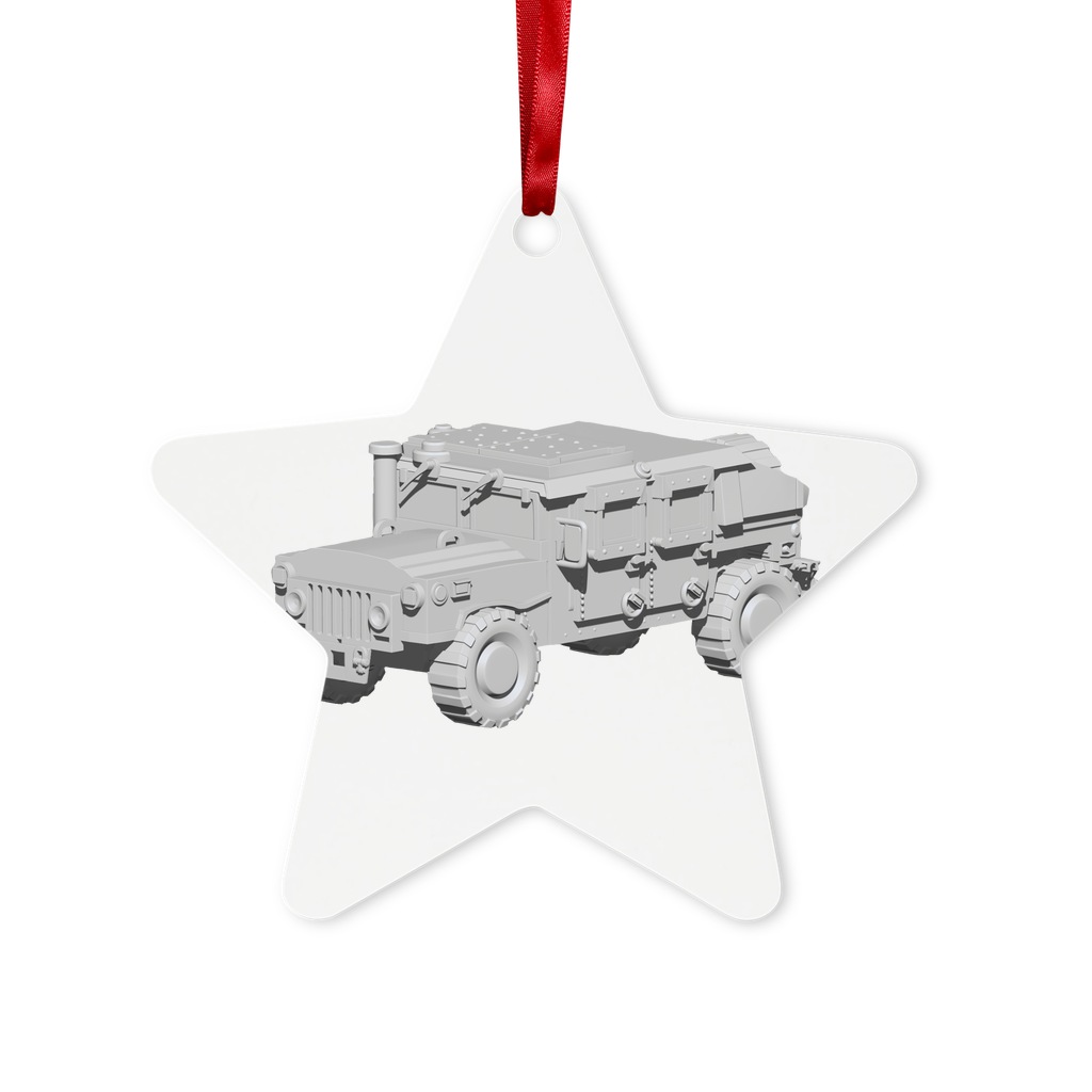 Hummer Vehicle Metal Hanging Ornament in hexagon and star shapes, glossy white finish, with red ribbon and gold string for hanging.