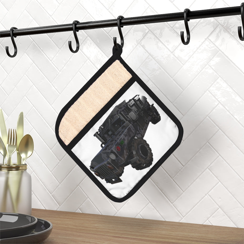 Hummer Vehicle Pot Holder with Pocket, featuring a stylish design and black cotton hanging loop, perfect for kitchen use.