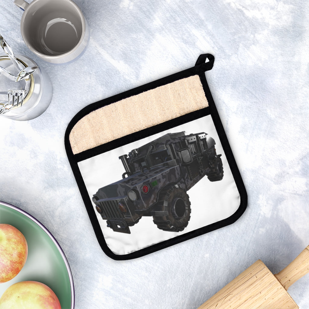 Hummer Vehicle Pot Holder with Pocket, featuring a stylish design and black cotton hanging loop, perfect for kitchen use.