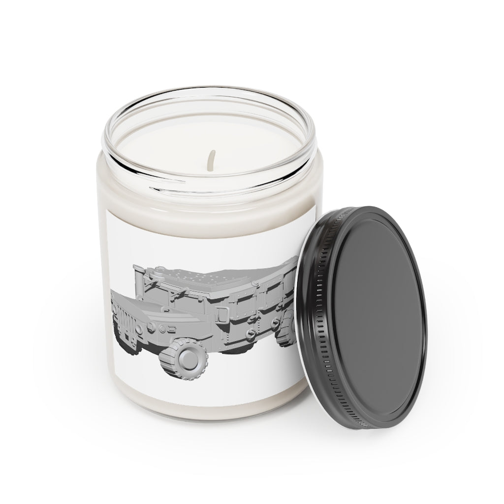 Hummer Vehicle Scented Candle in a glass container, featuring a permanent adhesive label, showcasing its vegan soy coconut wax.