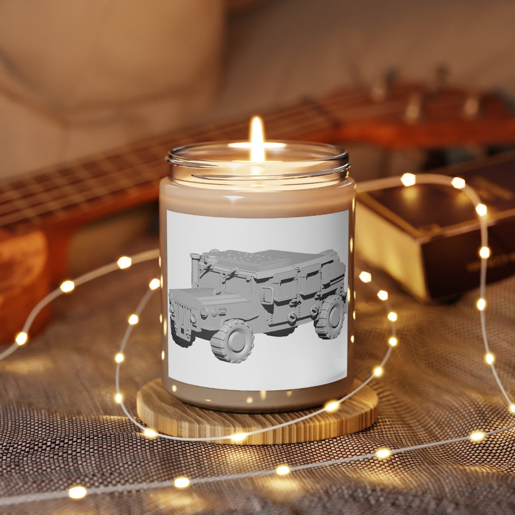 Hummer Vehicle Scented Candle in a glass container, featuring a permanent adhesive label, showcasing its vegan soy coconut wax.