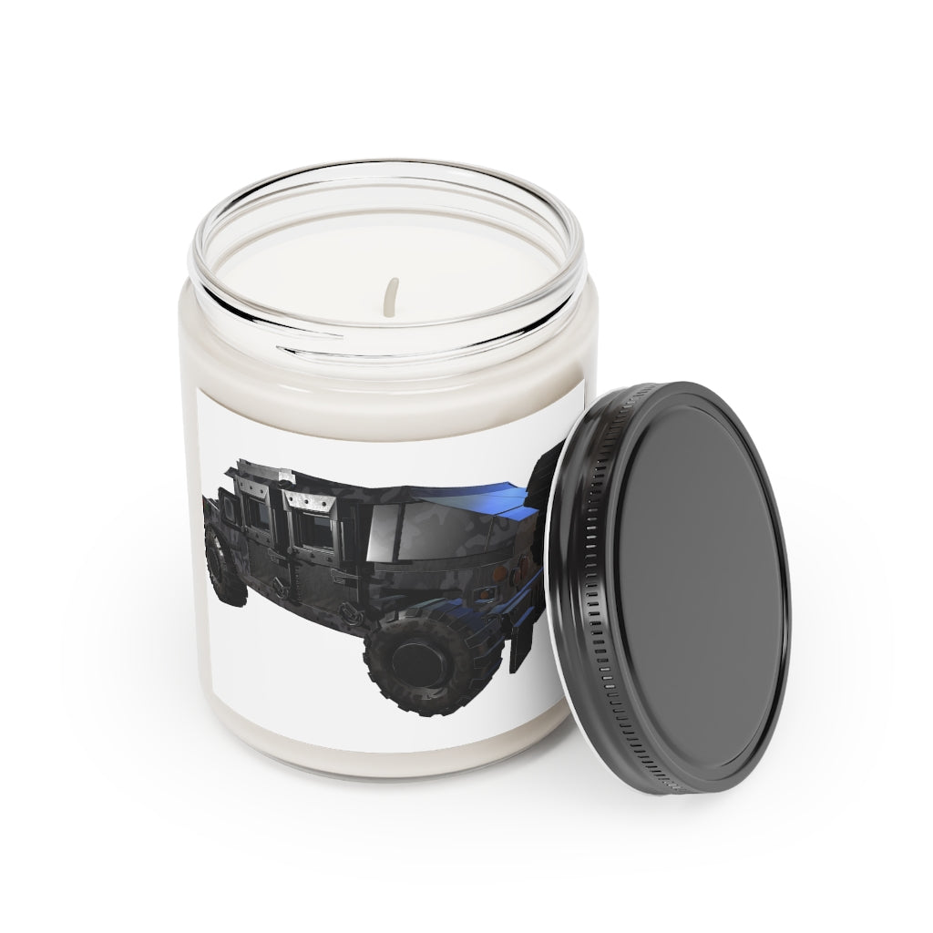 Hummer Vehicle Scented Candle in a glass container, featuring a permanent adhesive label, showcasing its vegan soy coconut wax.