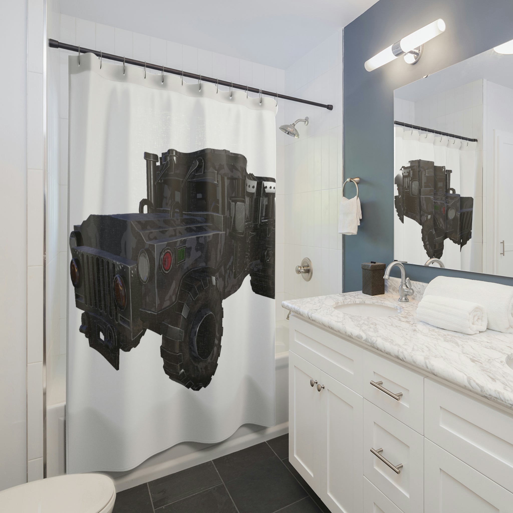 Hummer Vehicle Shower Curtain featuring vibrant designs on durable polyester fabric, perfect for bathroom decor.