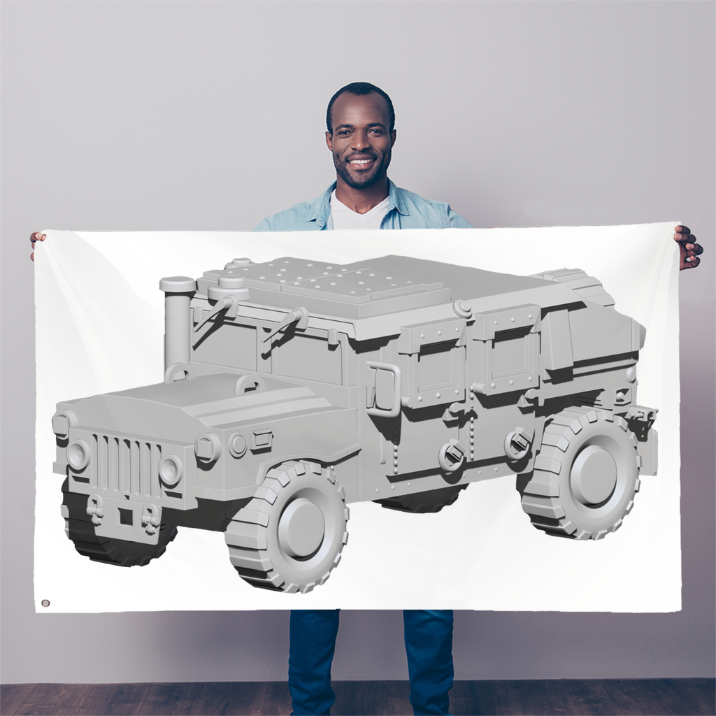 A vibrant Hummer vehicle sublimation flag measuring 5FT x 3FT, made from durable polyester fabric with double-stitched edges and two eyelets for easy hanging.