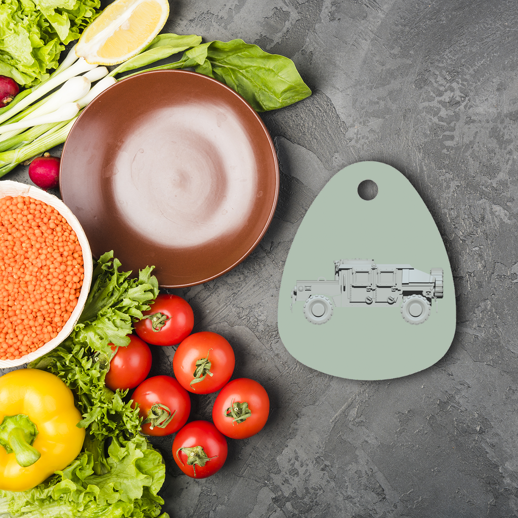 Hummer Vehicle Sublimation Glass Cutting Board with a water droplet shape, featuring a toughened glass surface and four rubber feet for stability.