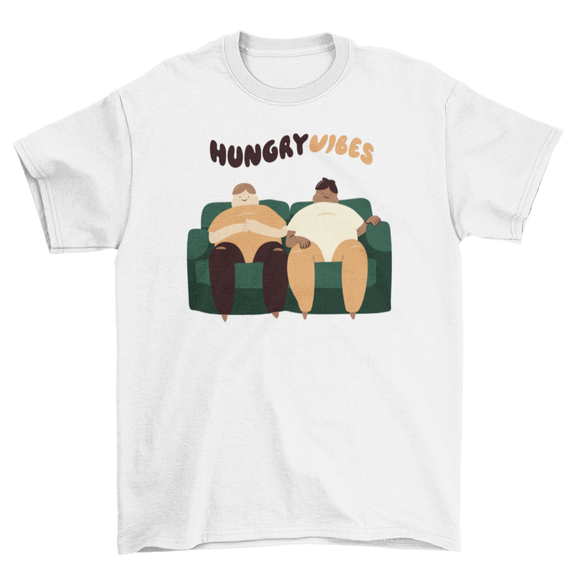 A cute t-shirt design featuring two men on a couch with the quote 'Hungry Vibes' above them.