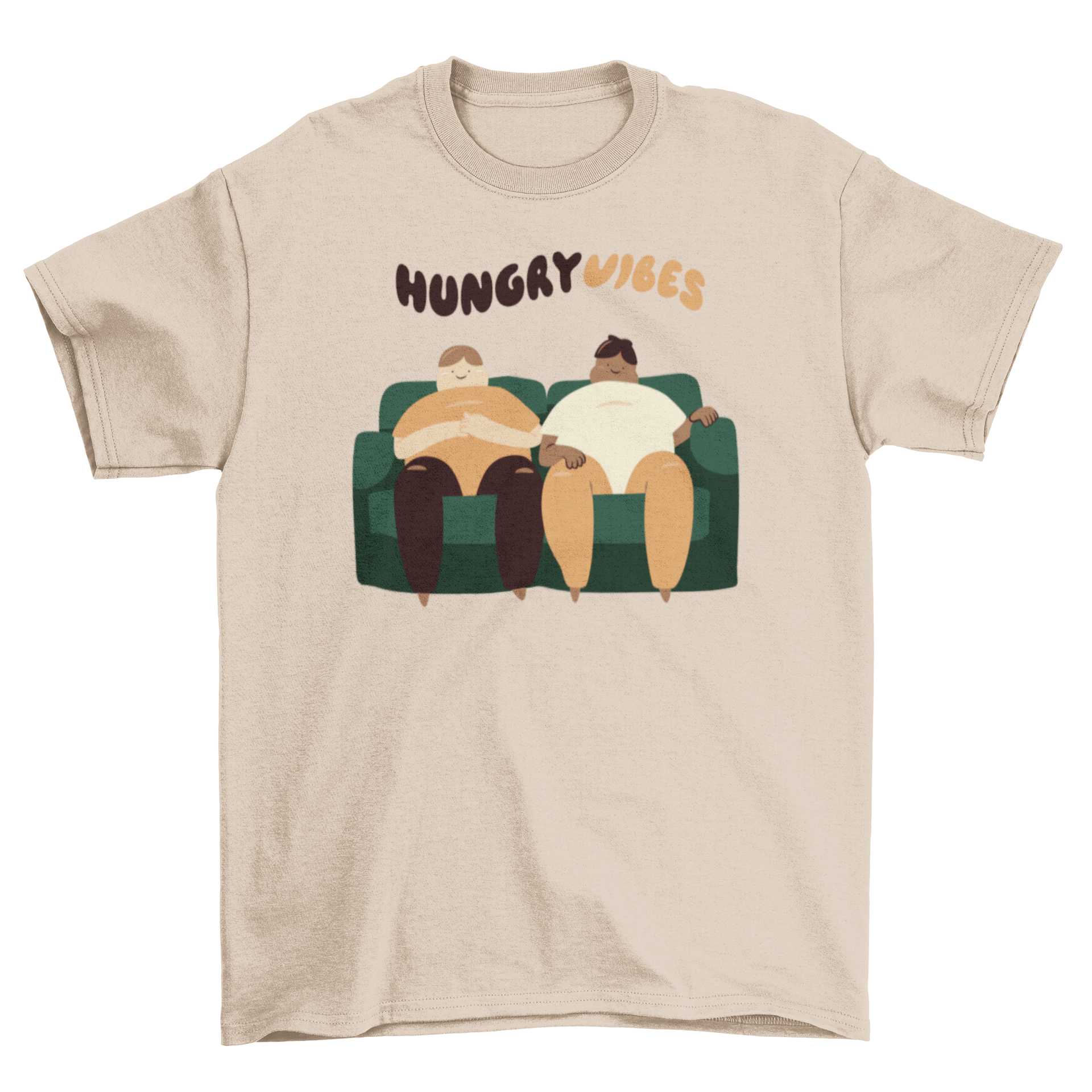 A cute t-shirt design featuring two men on a couch with the quote 'Hungry Vibes' above them.