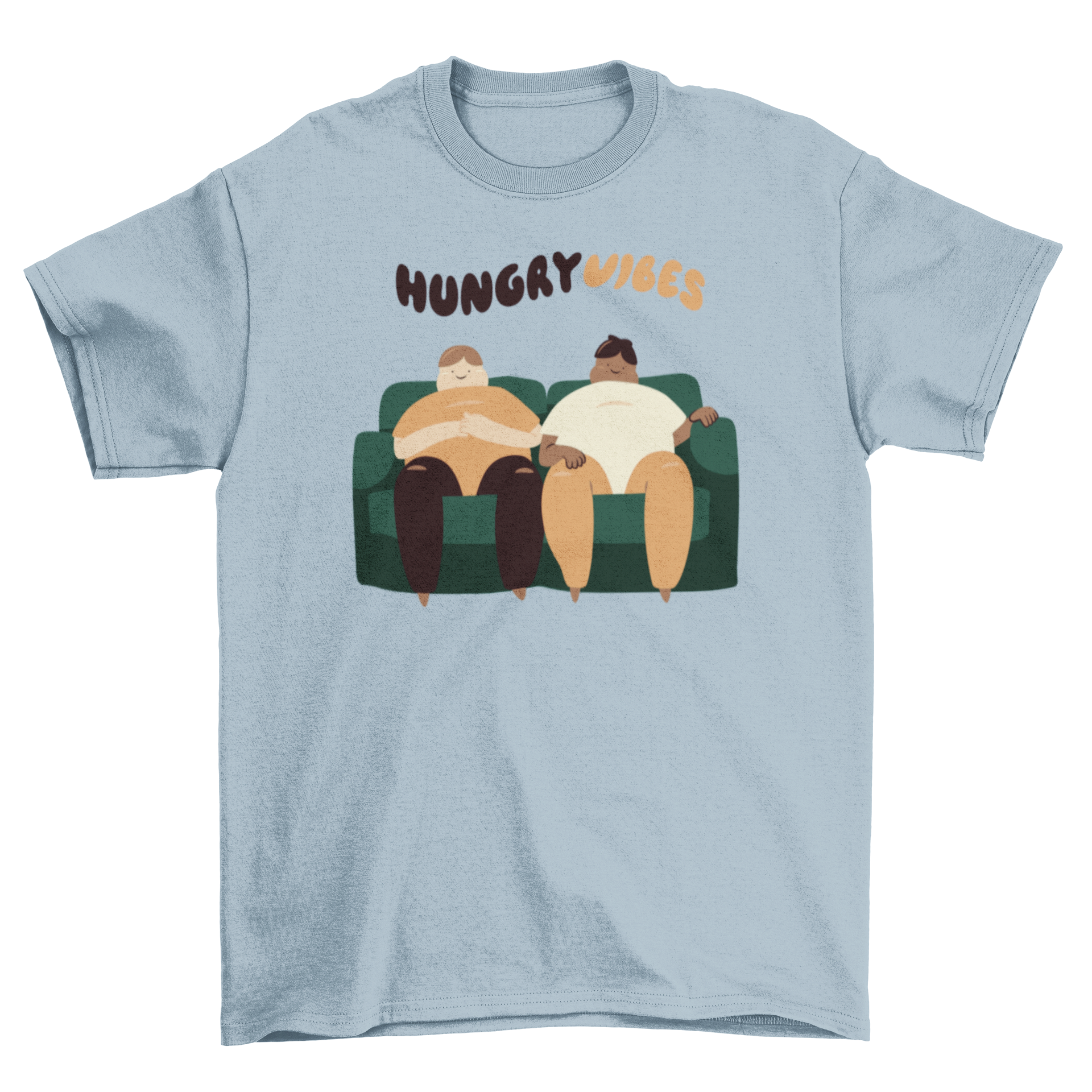 A cute t-shirt design featuring two men on a couch with the quote 'Hungry Vibes' above them.