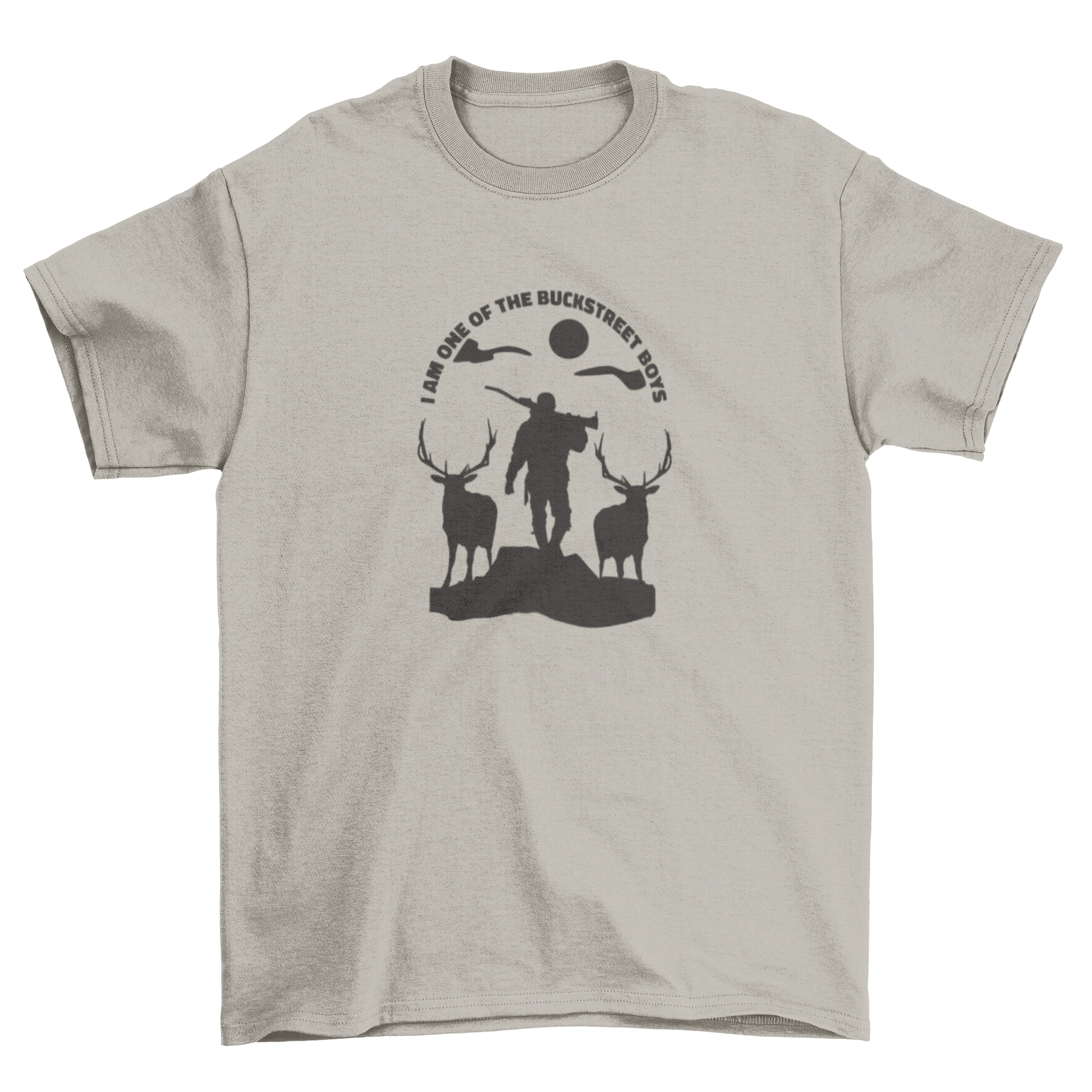 Hunter silhouette with two deer and humorous quote on a t-shirt.