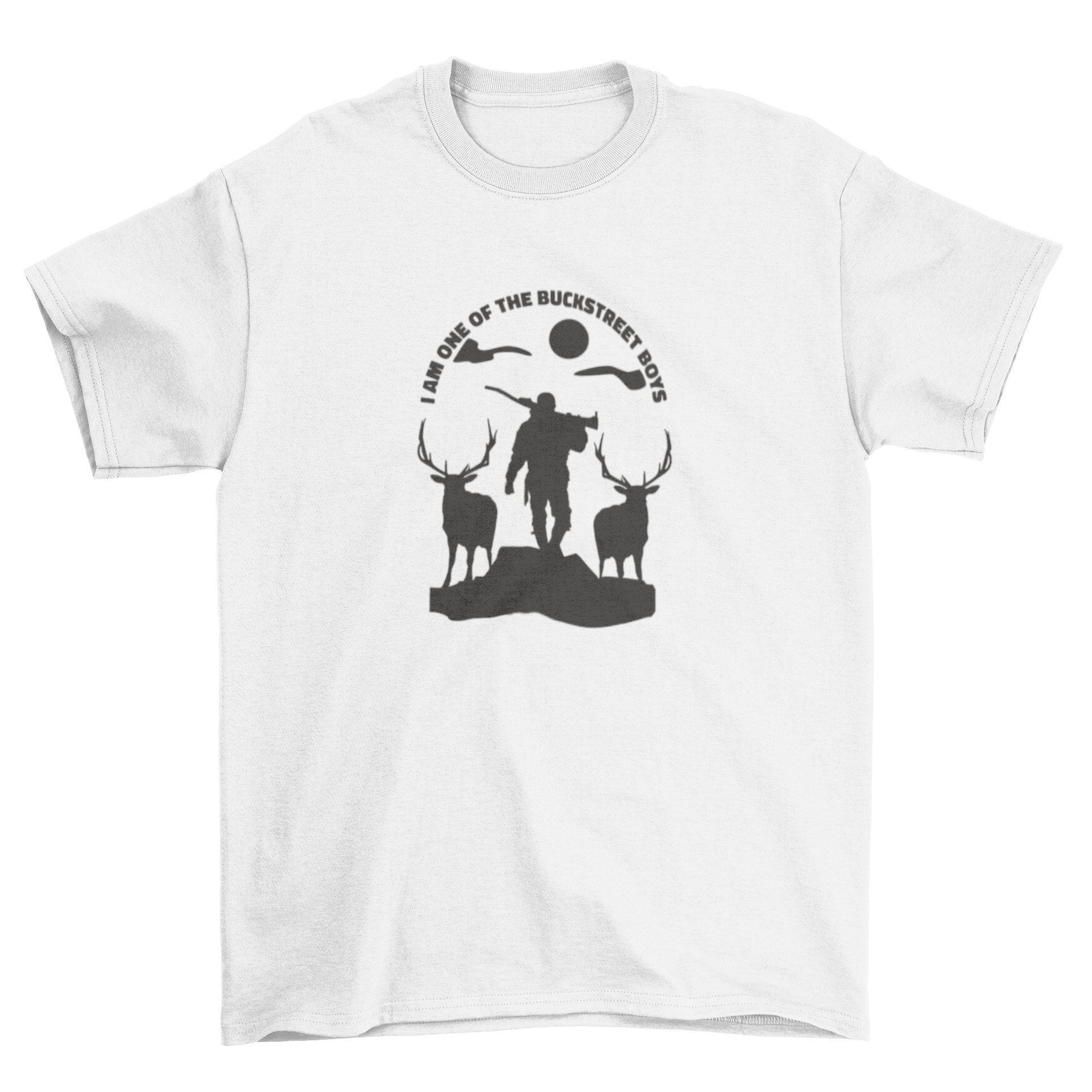 Hunter silhouette with two deer and humorous quote on a t-shirt.