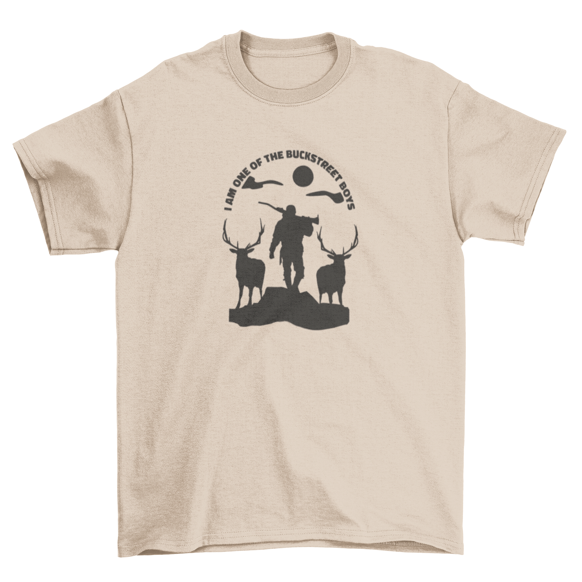 Hunter silhouette with two deer and humorous quote on a t-shirt.