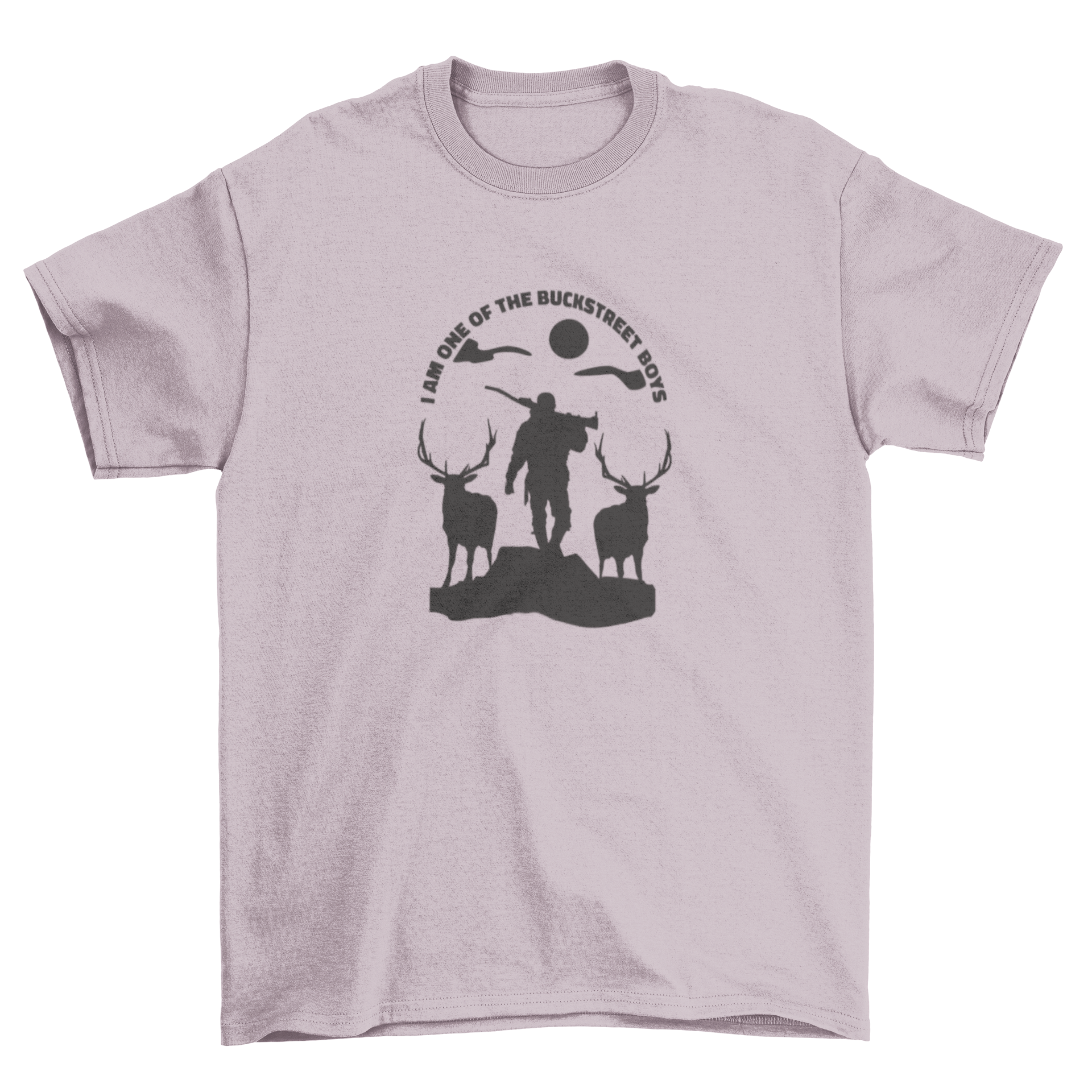 Hunter silhouette with two deer and humorous quote on a t-shirt.