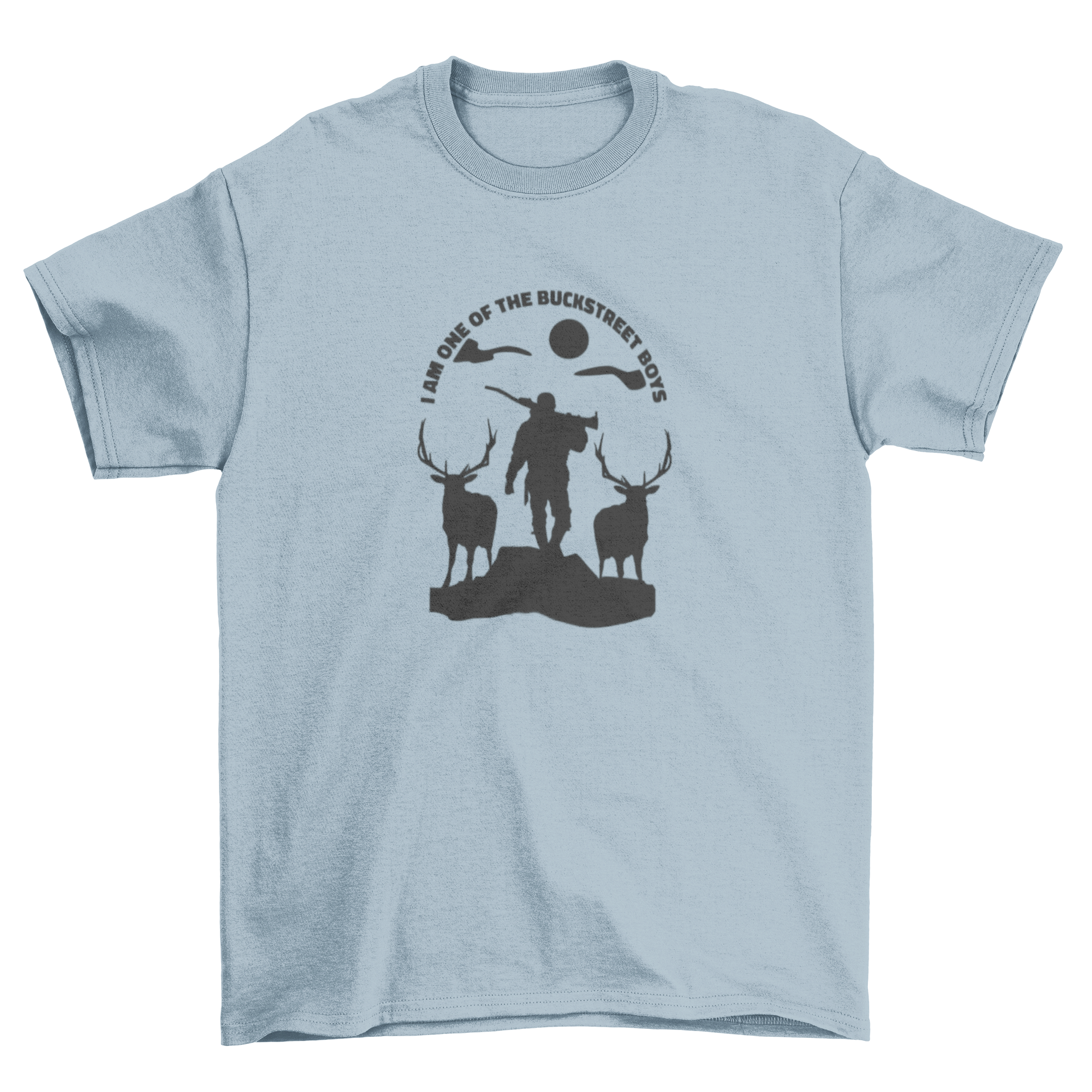 Hunter silhouette with two deer and humorous quote on a t-shirt.