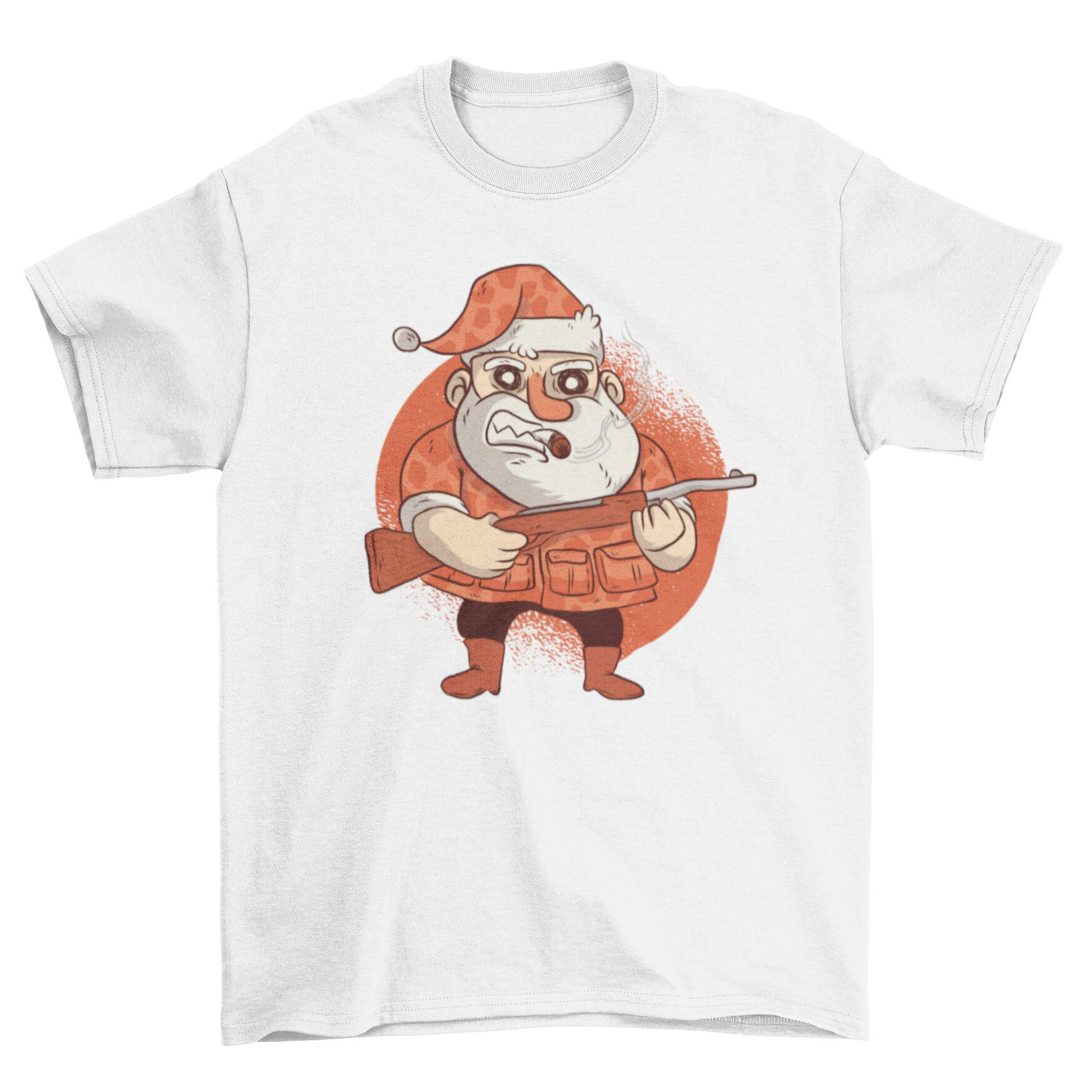 Funny Christmas T-shirt featuring an angry Santa with a rifle and cigarette in a red camo jacket.