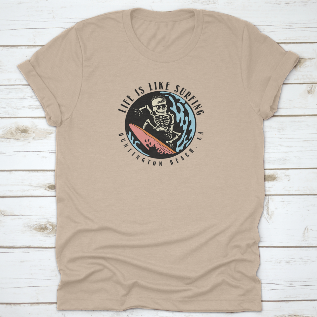 Huntington Beach Surfing Skull T-Shirt featuring a unique skull design, made from 100% cotton for comfort and style.