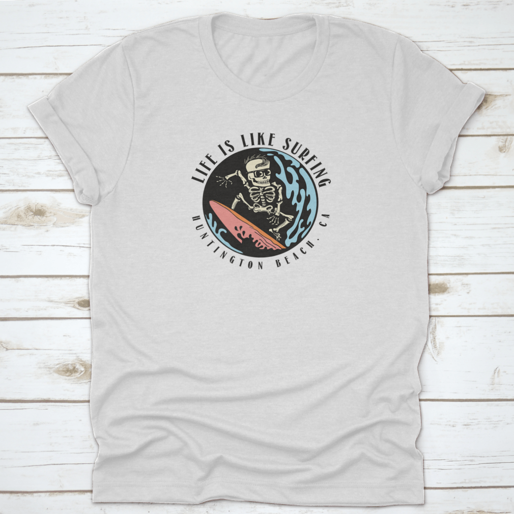 Huntington Beach Surfing Skull T-Shirt featuring a unique skull design, made from 100% cotton for comfort and style.