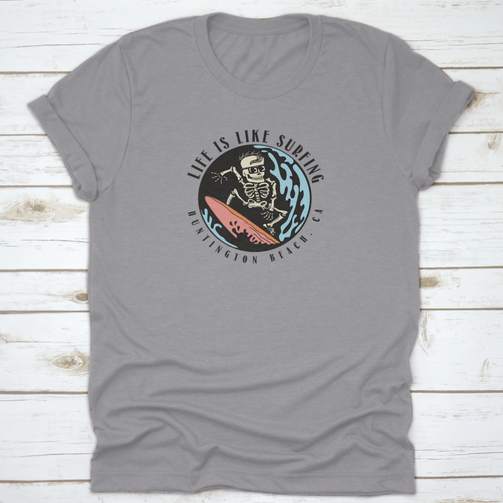 Huntington Beach Surfing Skull T-Shirt featuring a unique skull design, made from 100% cotton for comfort and style.