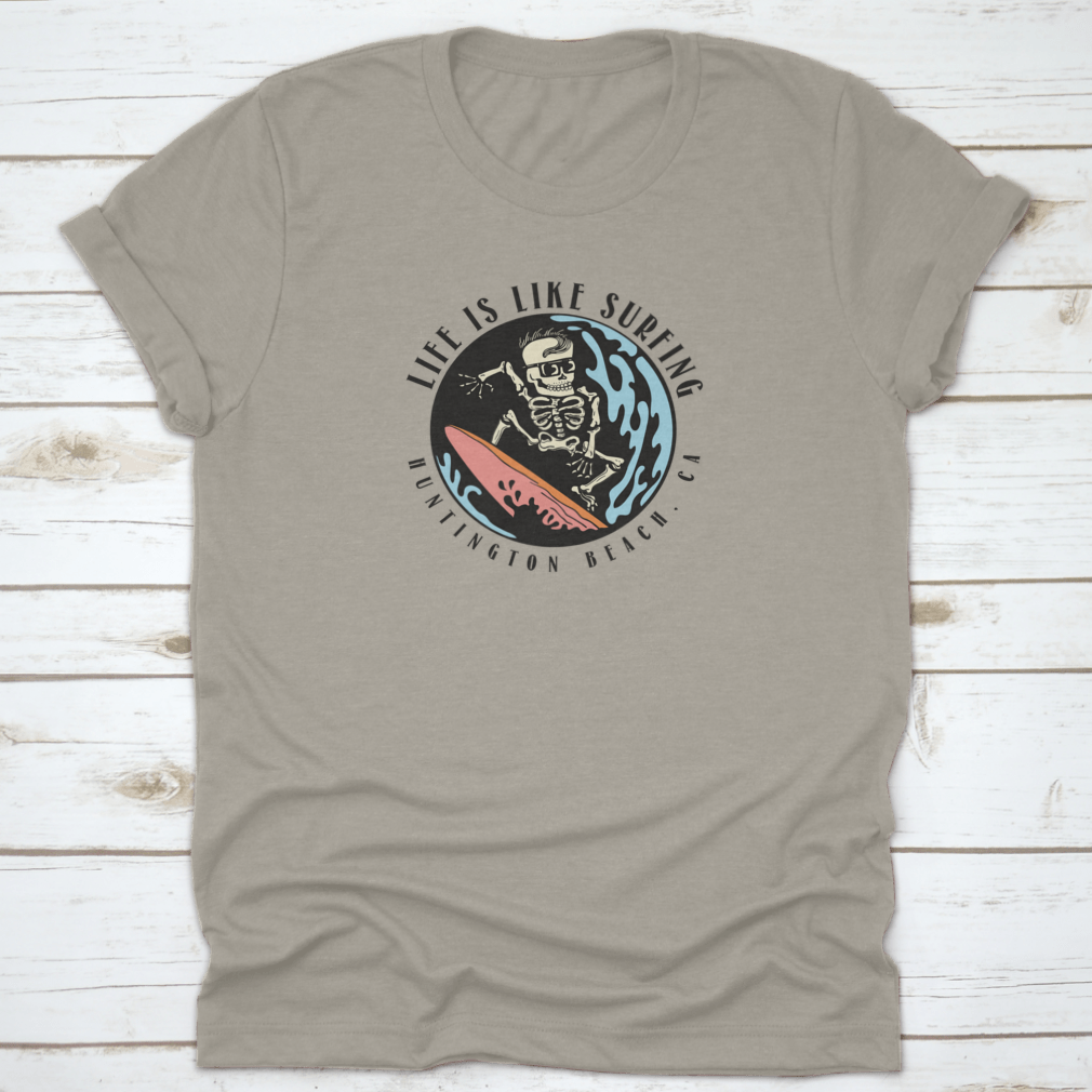 Huntington Beach Surfing Skull T-Shirt featuring a unique skull design, made from 100% cotton for comfort and style.
