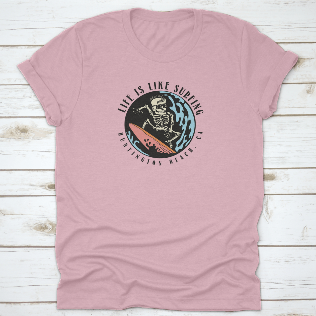 Huntington Beach Surfing Skull T-Shirt featuring a unique skull design, made from 100% cotton for comfort and style.